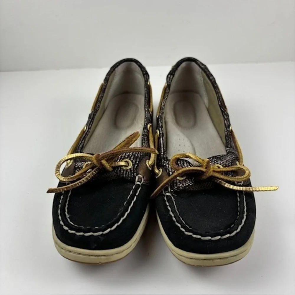 Sperry‎ Top-Sider Womens Angelfish Black Tweed Gold Leather Boat Shoe Nautical 6